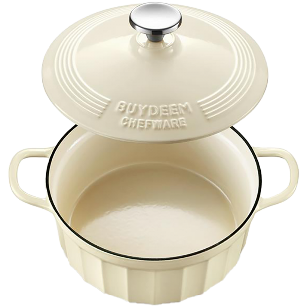Kremowy żeliwny garnek emaliowany z pokrywką i uchwytami, z wytłoczeniem BUYDEEM CHEFWARE.