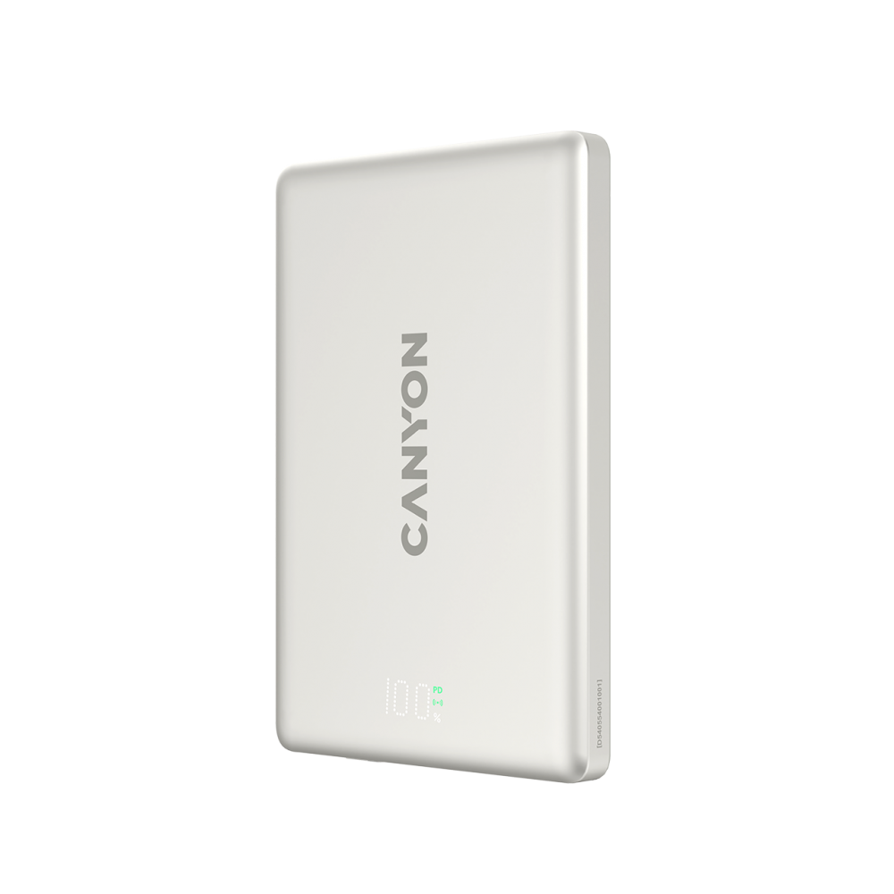 Biały powerbank Canyon pokazujący 100% naładowania i ikonę PD.