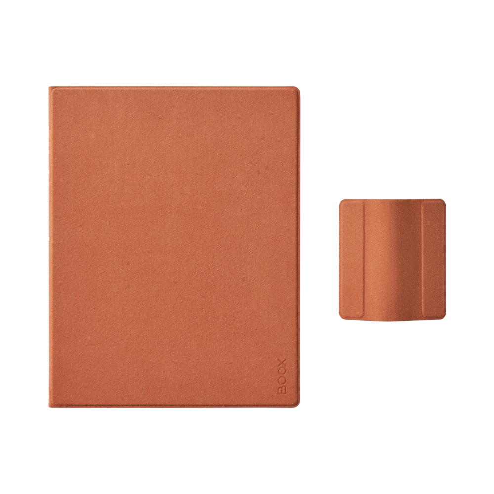 Una cubierta de e-reader color terracota y un pequeño soporte sobre fondo blanco.