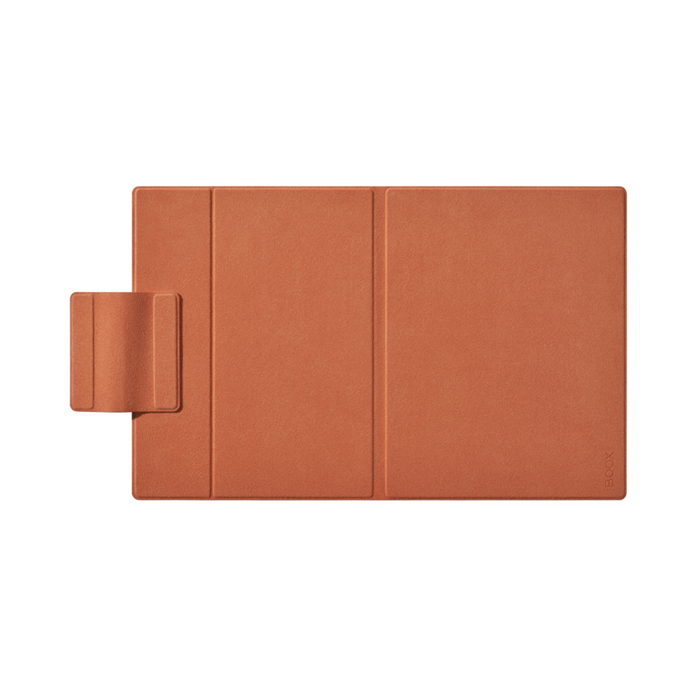 Una funda de cuero marrón para e-reader con cierre magnético, sobre fondo blanco.