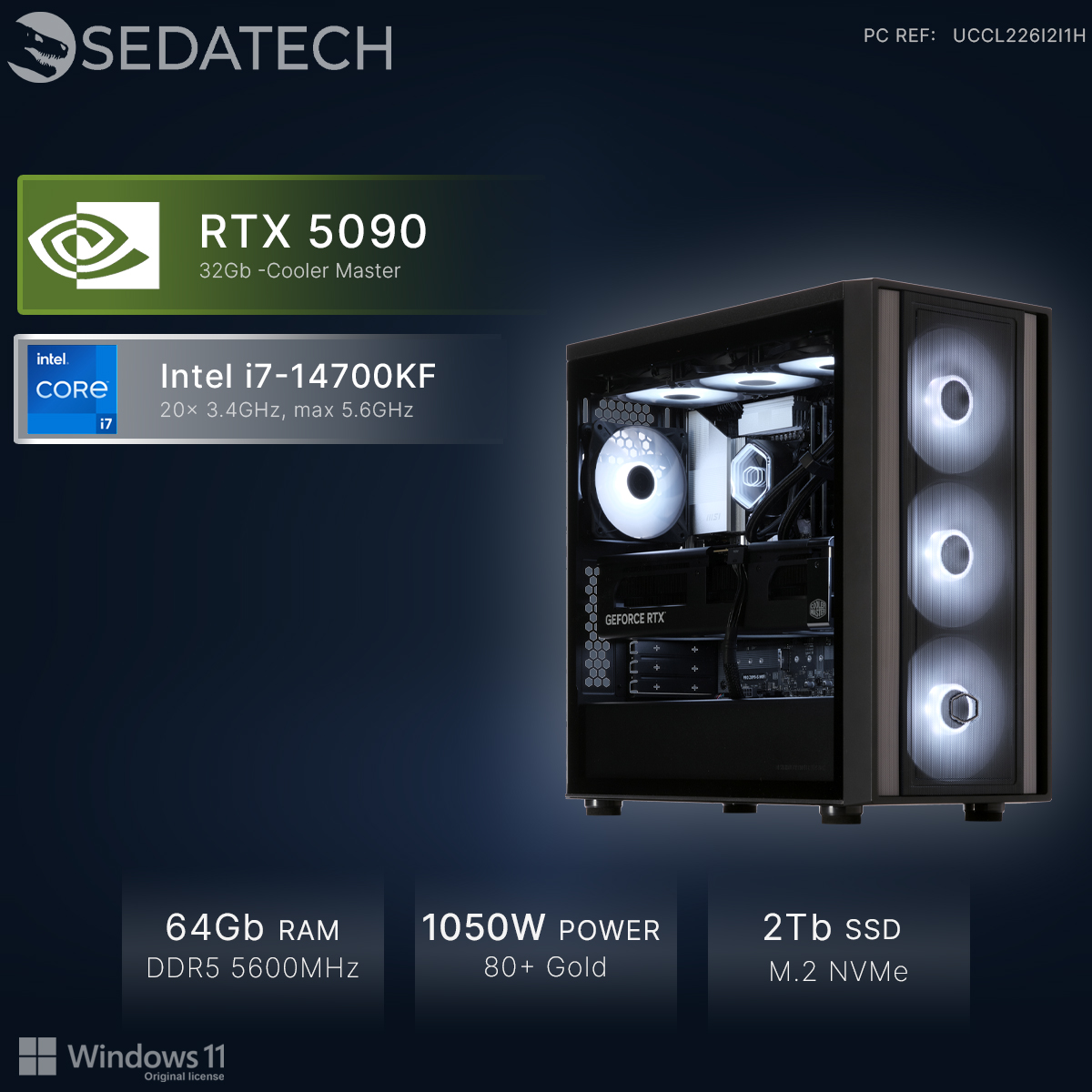 PC ad alte prestazioni con RTX 5090, Intel i7, 64 GB RAM e alimentatore 1050W.