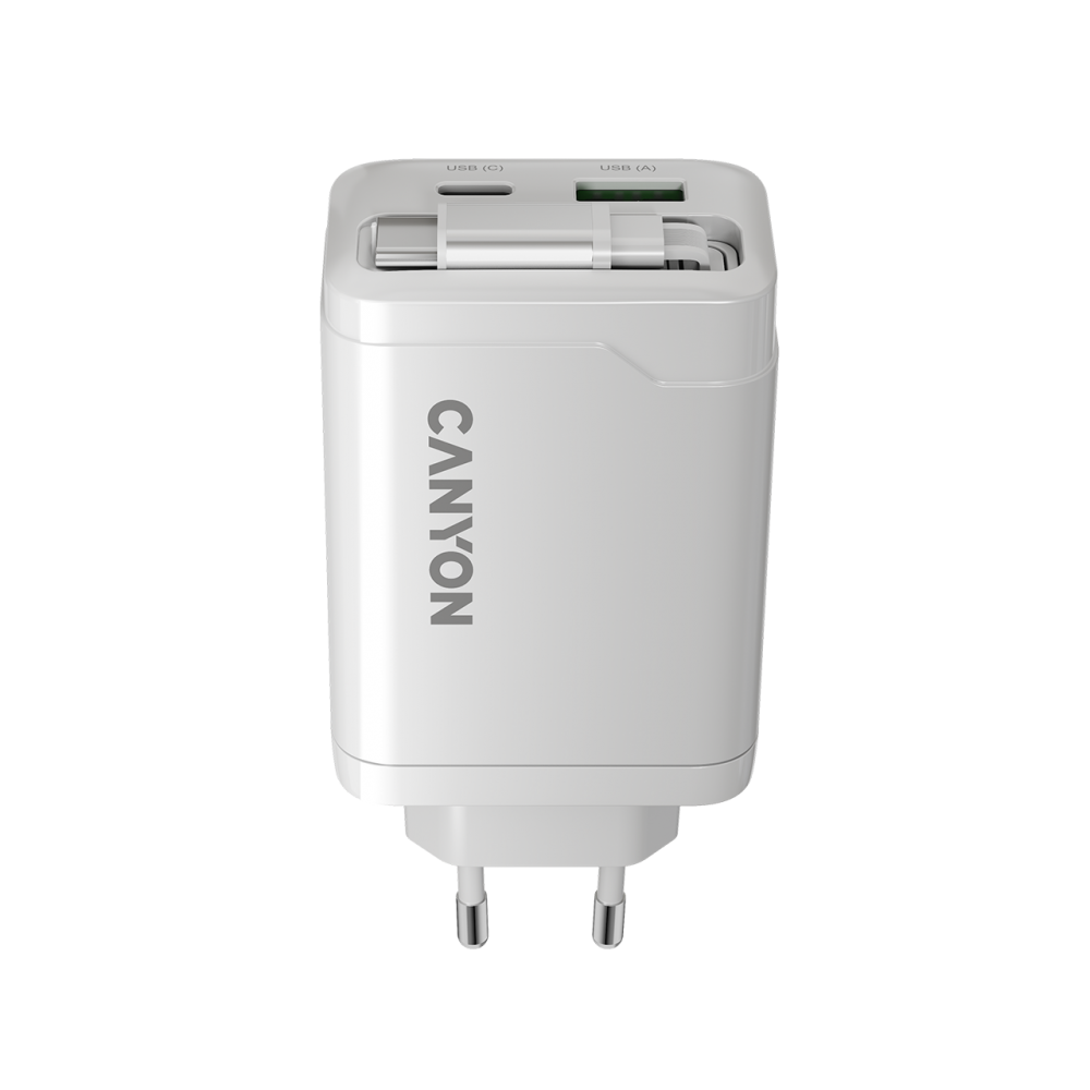 Un caricabatterie Canyon bianco USB-C e USB-A con pin pieghevoli.