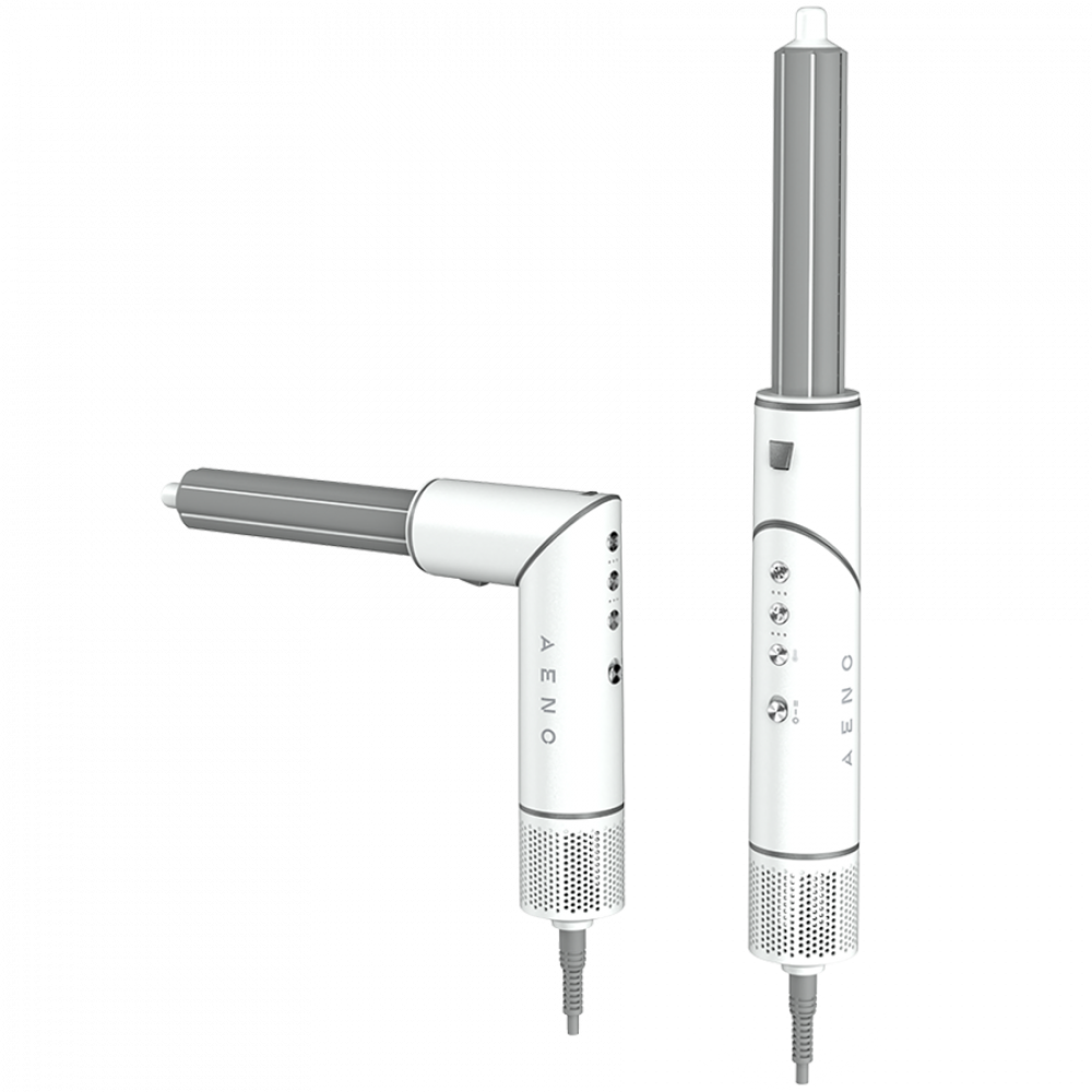 Dwa białe narzędzia do stylizacji włosów z szarymi elementami na czarnym tle.