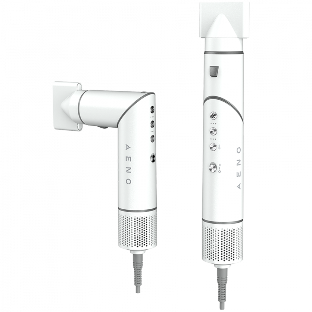 Dwa białe suszarki do włosów z kablami, jedna pod kątem prostym, druga pionowo.