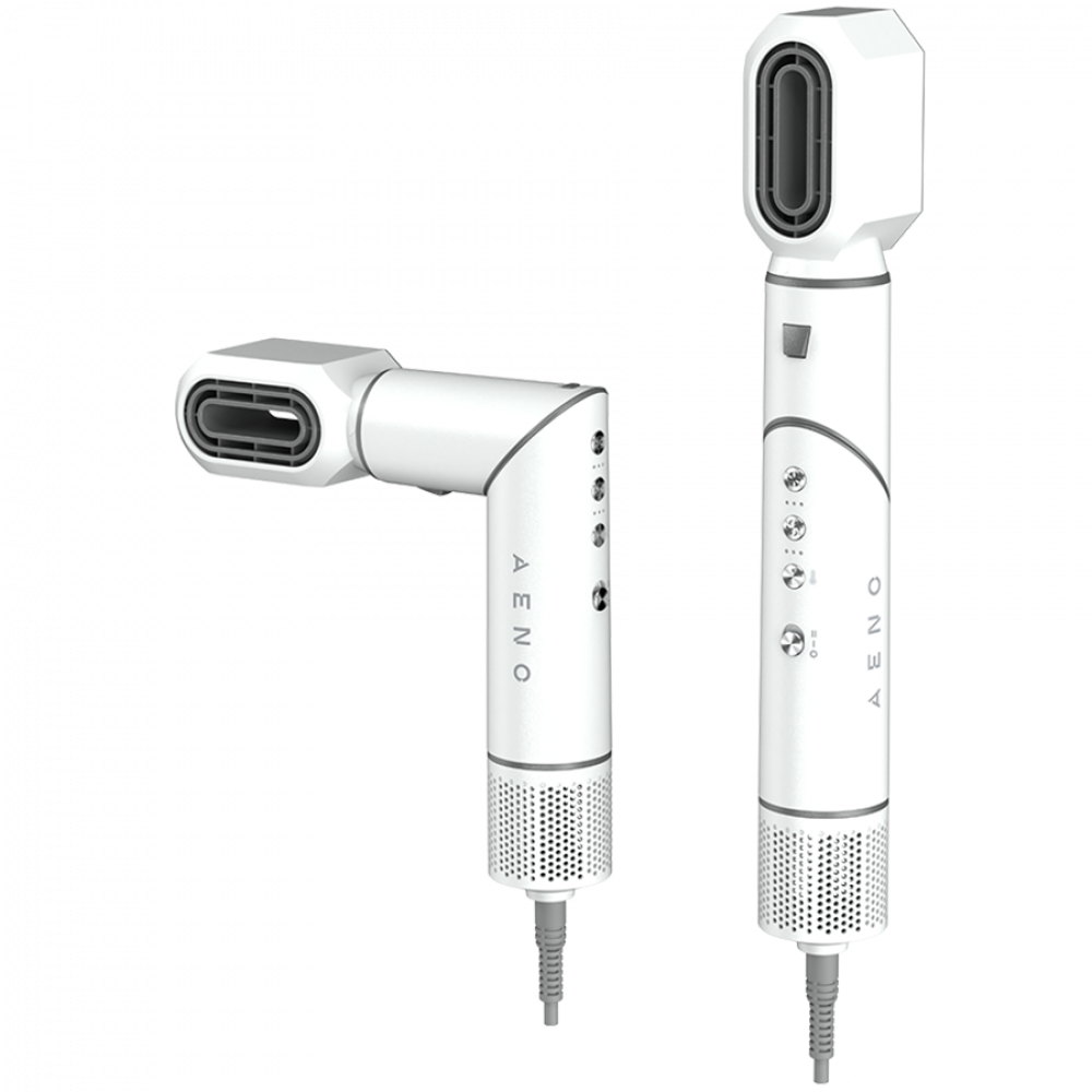 Dwa białe suszarki do włosów ze srebrnymi akcentami, jedna pod kątem, druga pionowo.
