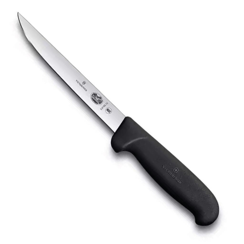 Siyah saplı, uzun ve dar ağızlı Victorinox mutfak bıçağı.
