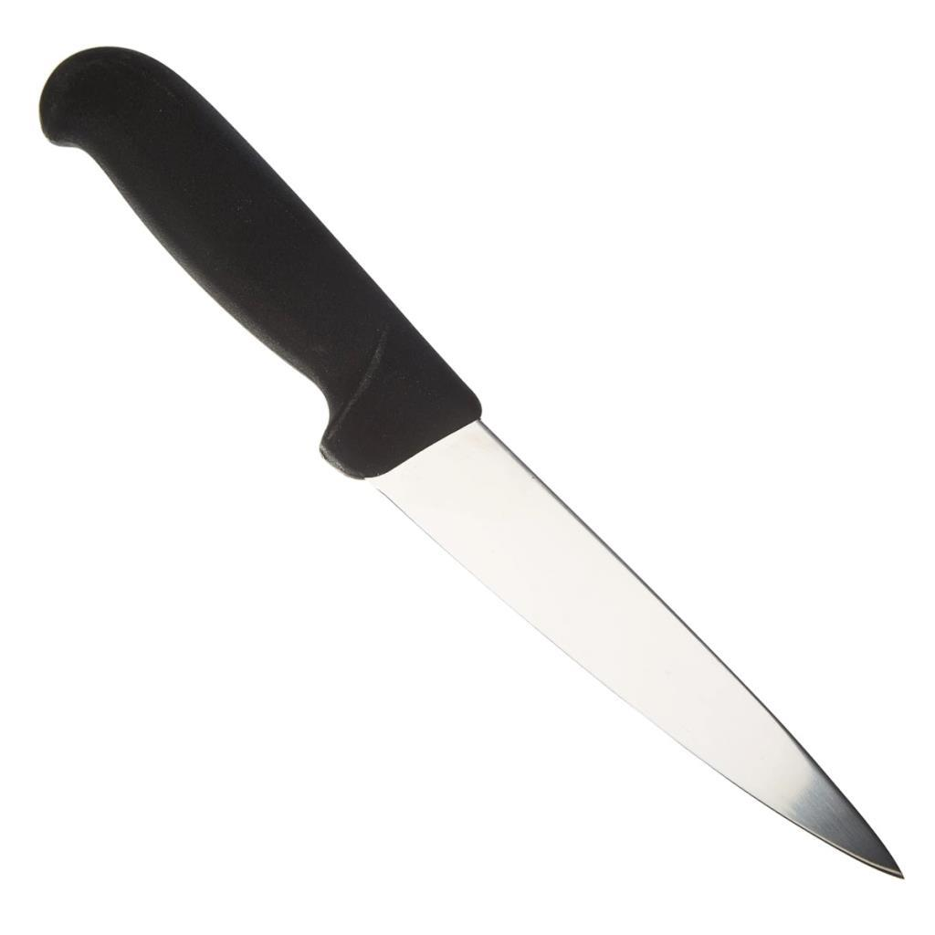 Siyah saplı, uzun, keskin metal bıçaklı bir mutfak bıçağı.