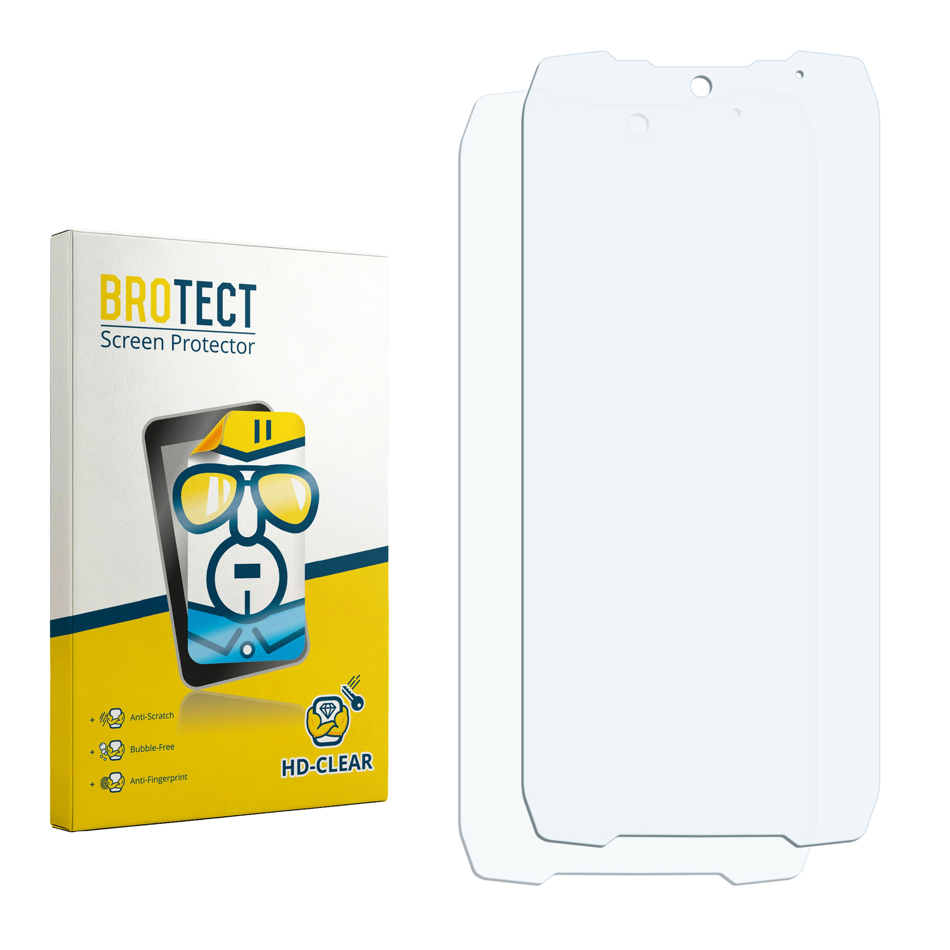 Verpackung und zwei Displayschutzfolien für Smartphones auf weißem Hintergrund.