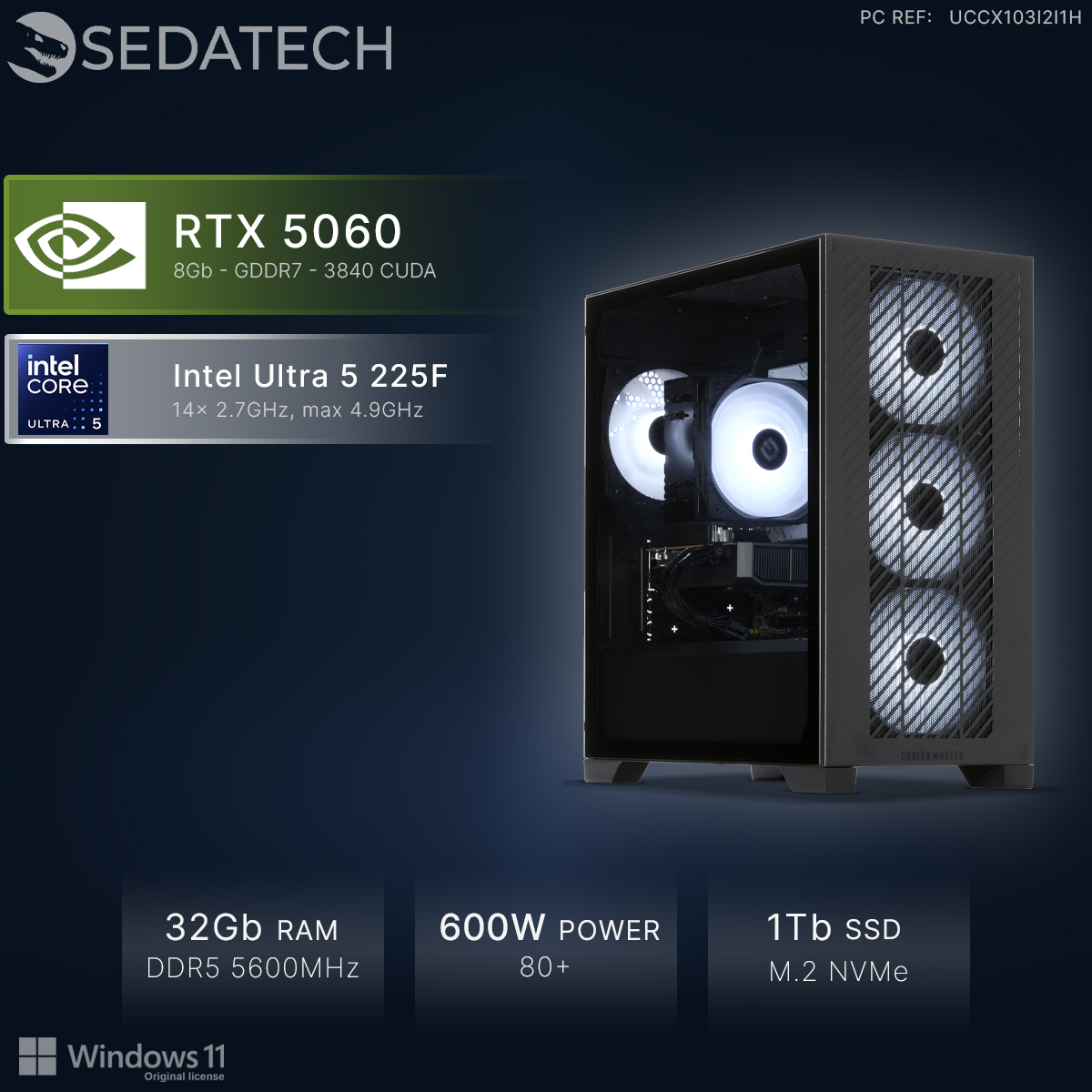 Ein Sedatech-Computer mit RTX 5060, Intel Ultra 5, 32 GB RAM, 600W Leistung, 1 TB SSD.