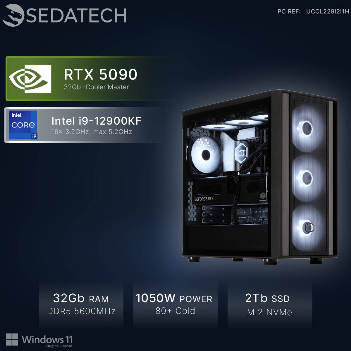 Un PC con RTX 5090, Intel i9, 32GB RAM, alimentatore 1050W e SSD 2TB.