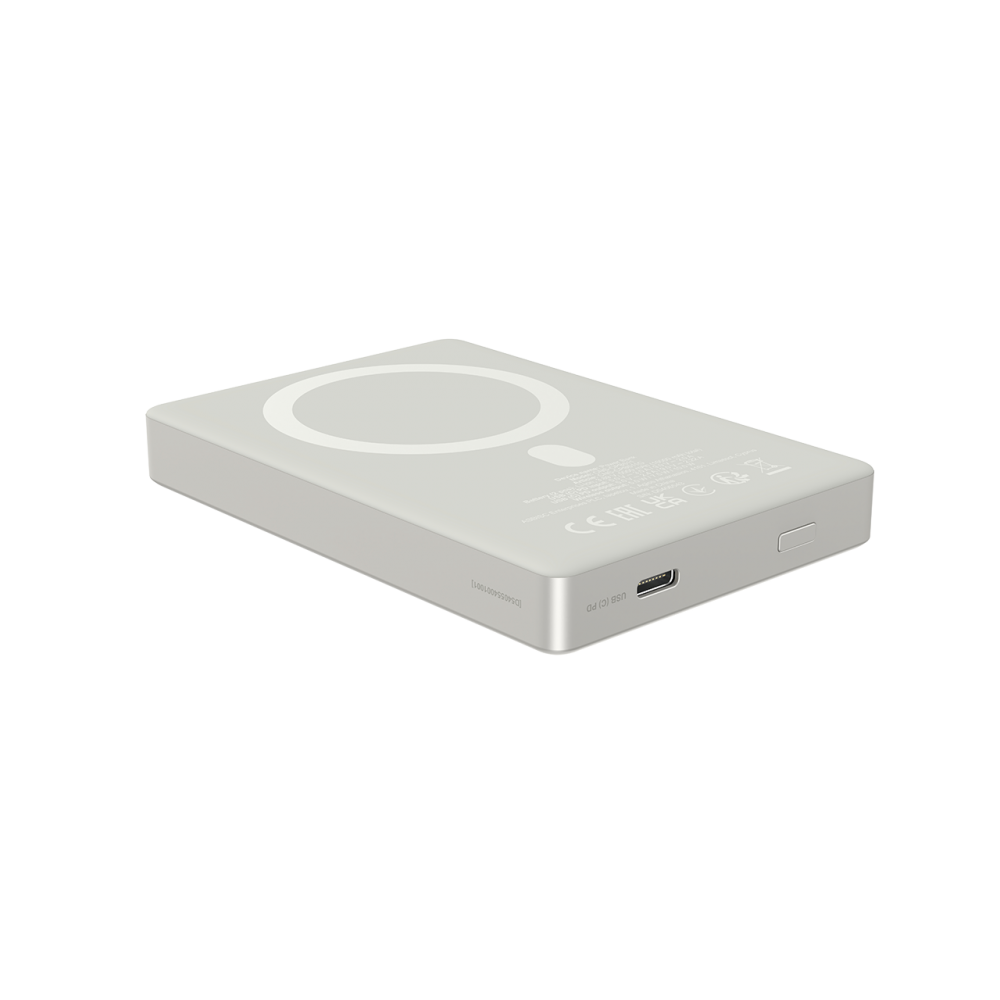 Smukłe, prostokątne, jasnoszare etui ładujące z pierścieniem i portem USB-C.