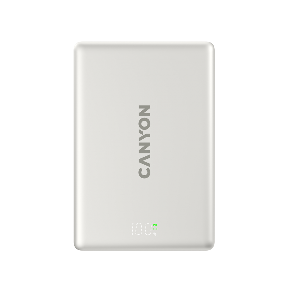 Biały power bank Canyon pokazujący 100% naładowania i wskaźnik PD.