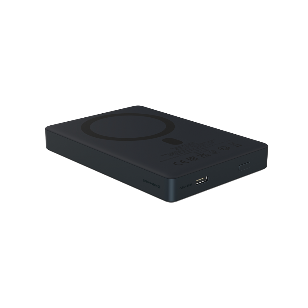 Ciemnoniebieski magnetyczny power bank z portem USB-C i wskaźnikiem ładowania.