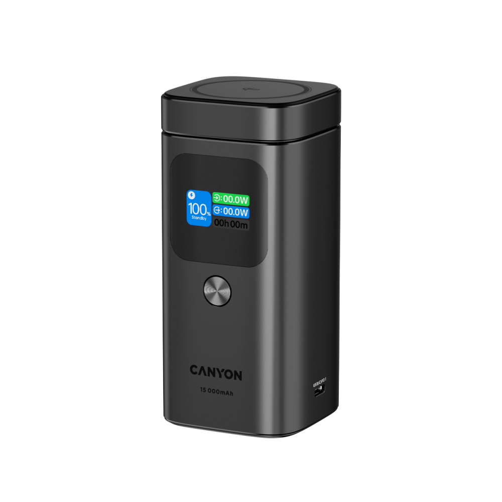 Szary power bank 15 000 mAh z cyfrowym wyświetlaczem stanu naładowania.