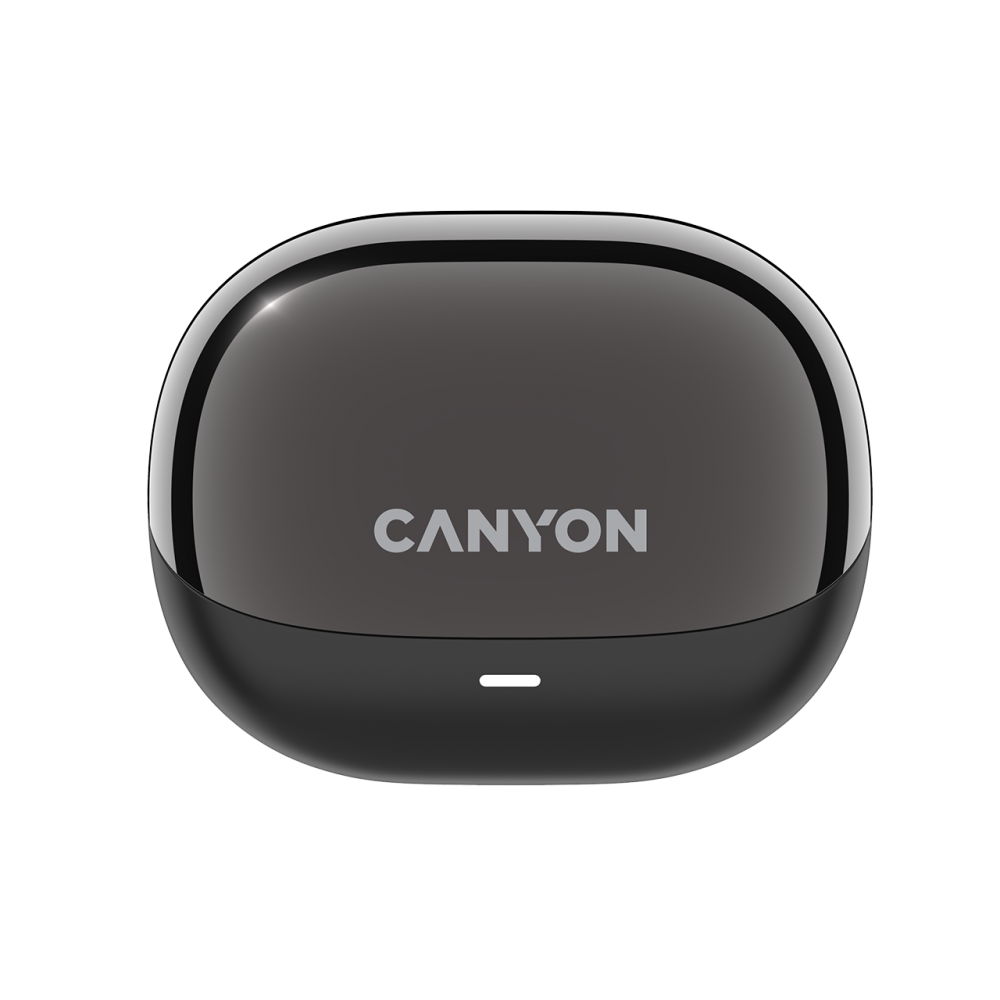 Zamknięte, błyszczące czarne etui ładujące do słuchawek bezprzewodowych z logo Canyon.