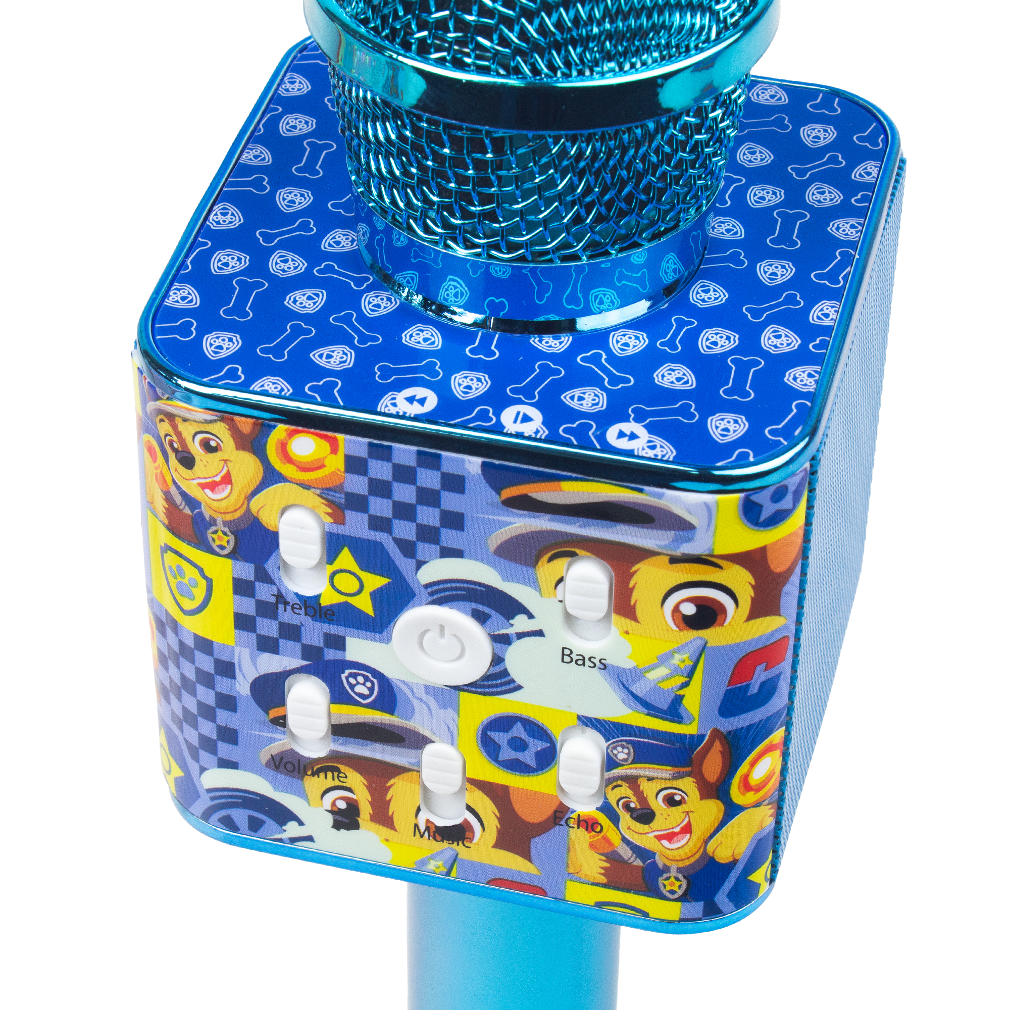 Niebieski głośnik mikrofonowy Paw Patrol z przyciskami sterującymi.