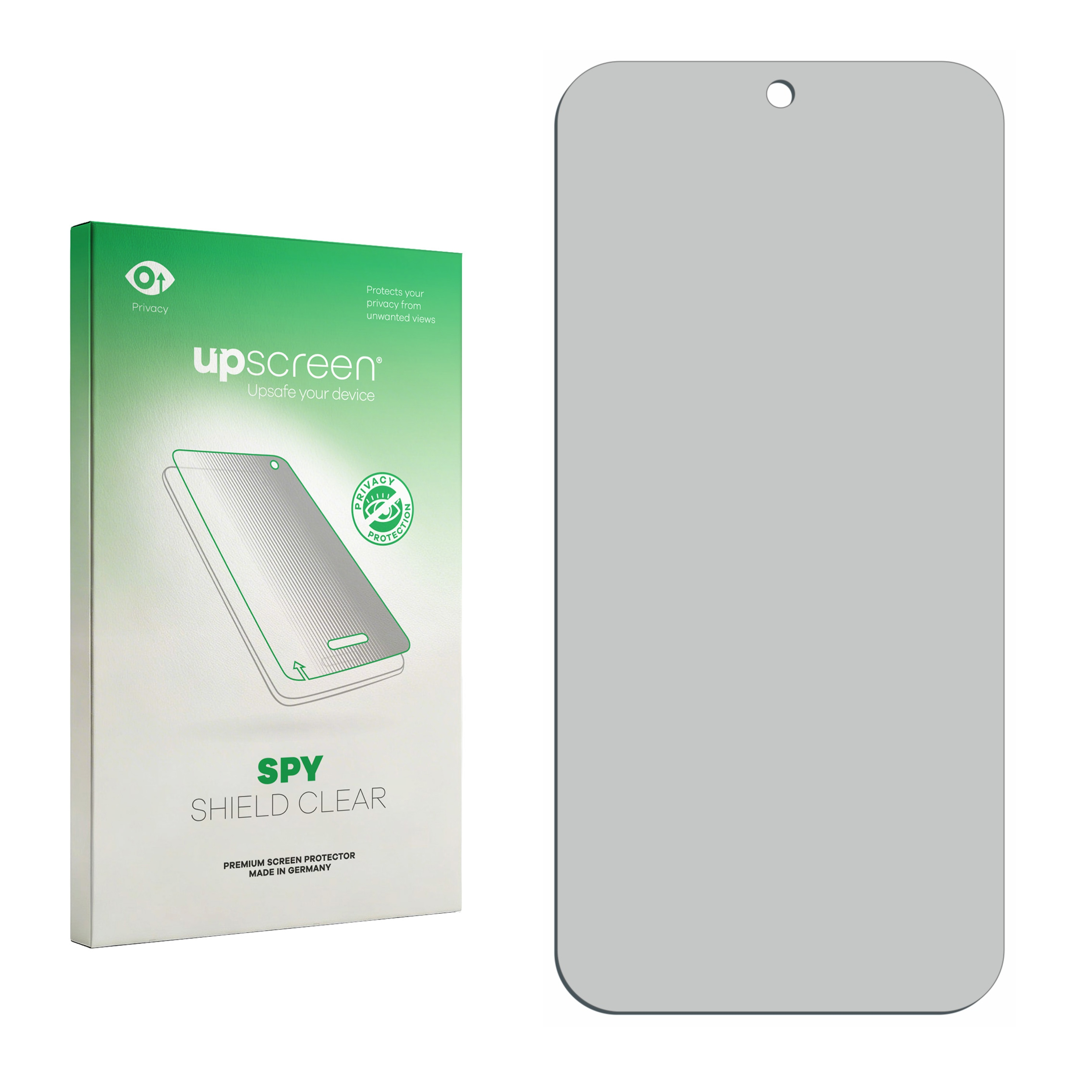 Grüne Verpackung für einen Displayschutz mit einem Handy-Bild. Daneben der Schutz.