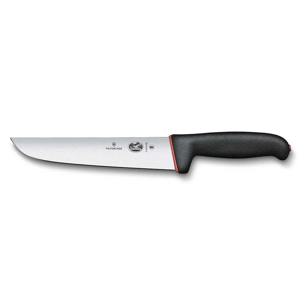 Siyah saplı ve kırmızı vurgulu Victorinox bıçağı, beyaz arka plan.