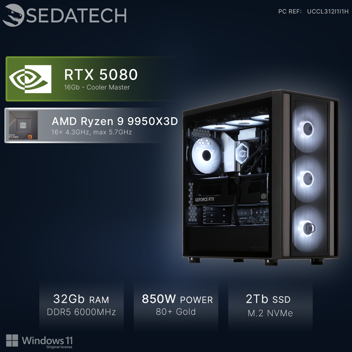 Un PC gaming con RTX 5080, Ryzen 9 9950X3D, 32GB RAM, PSU 850W, SSD 2TB.