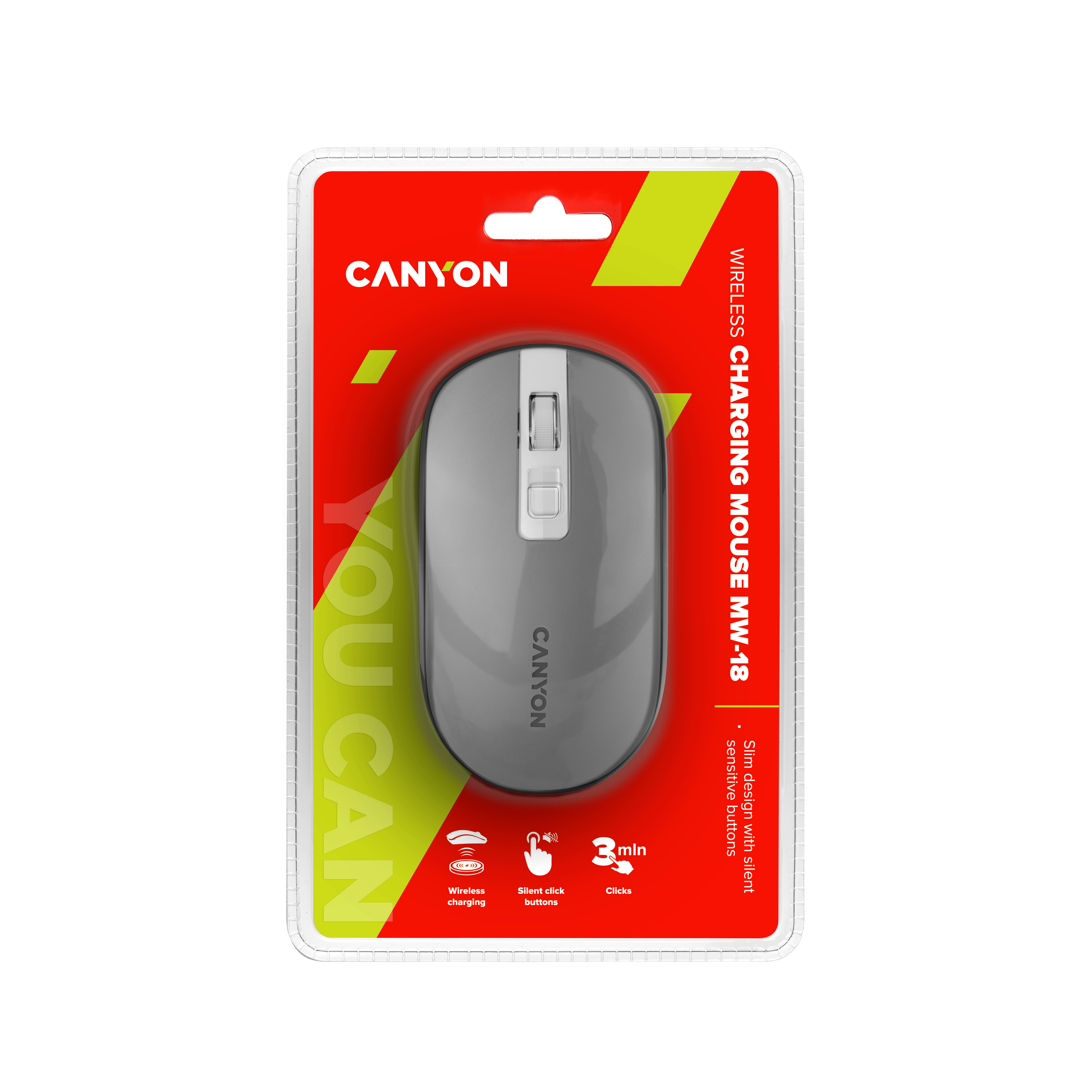 Szara mysz Canyon z kółkiem i przyciskami w opakowaniu.
