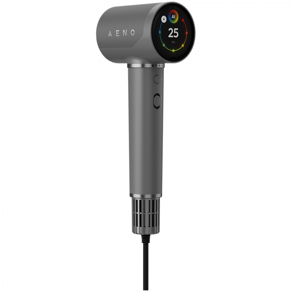 Szare urządzenie AENO z okrągłym ekranem wyświetlającym AI, 25 i EN.
