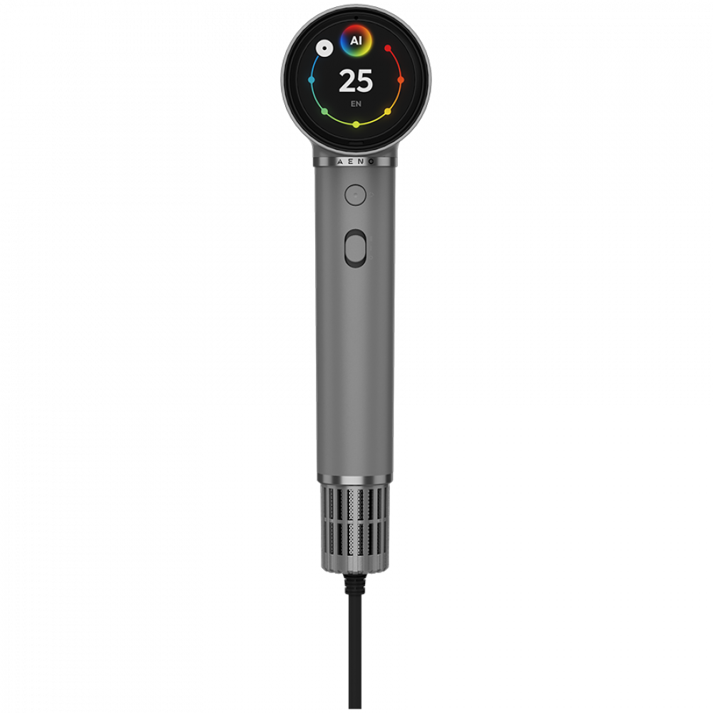 Srebrne urządzenie ręczne z okrągłym cyfrowym ekranem wyświetlającym '25' i 'AI'.