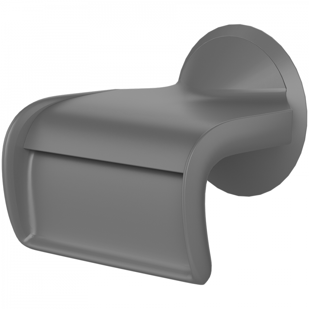 Szary, nowoczesny haczyk o zakrzywionym kształcie, zamontowany na ścianie.