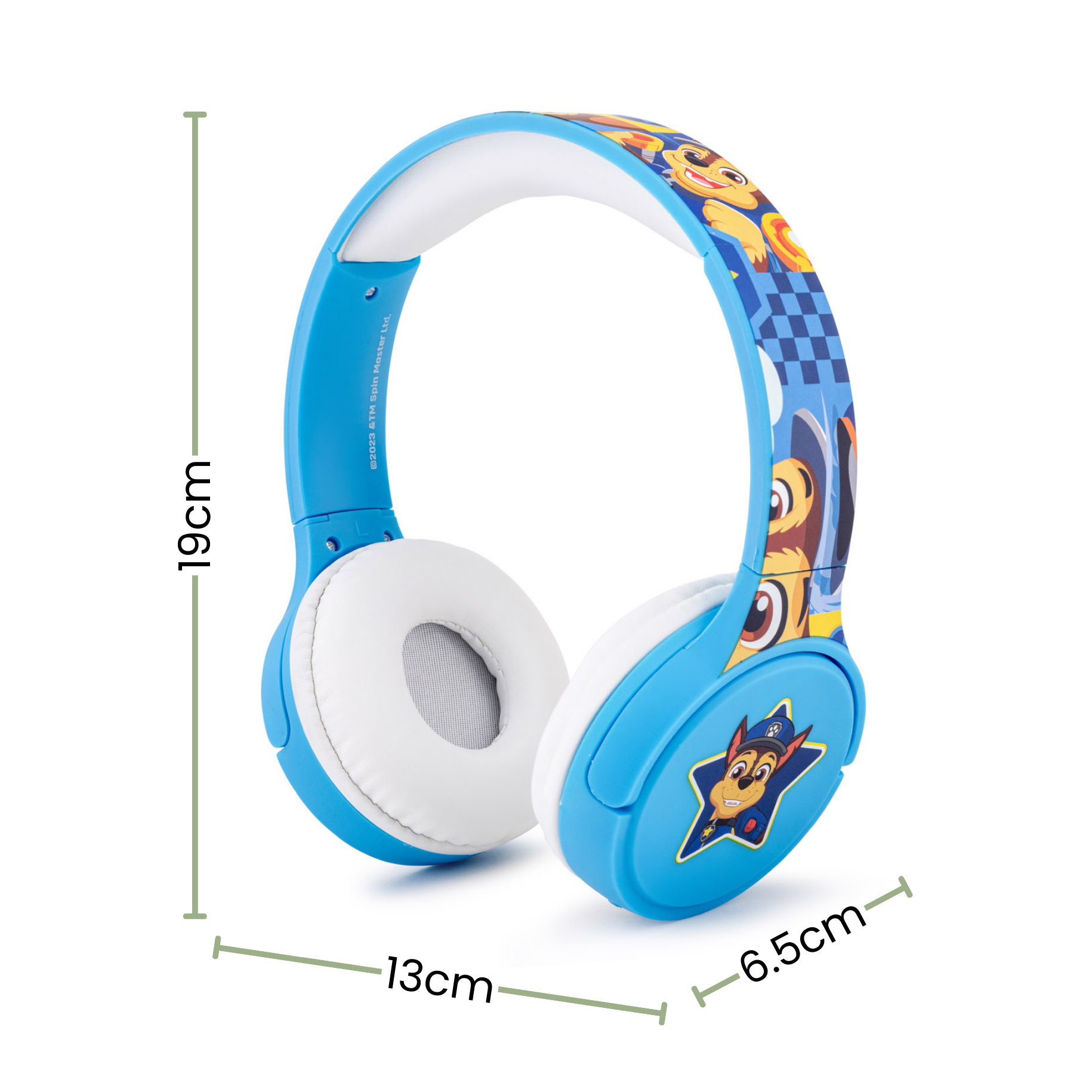 Niebieskie słuchawki Psi Patrol ze wskaźnikami rozmiaru.