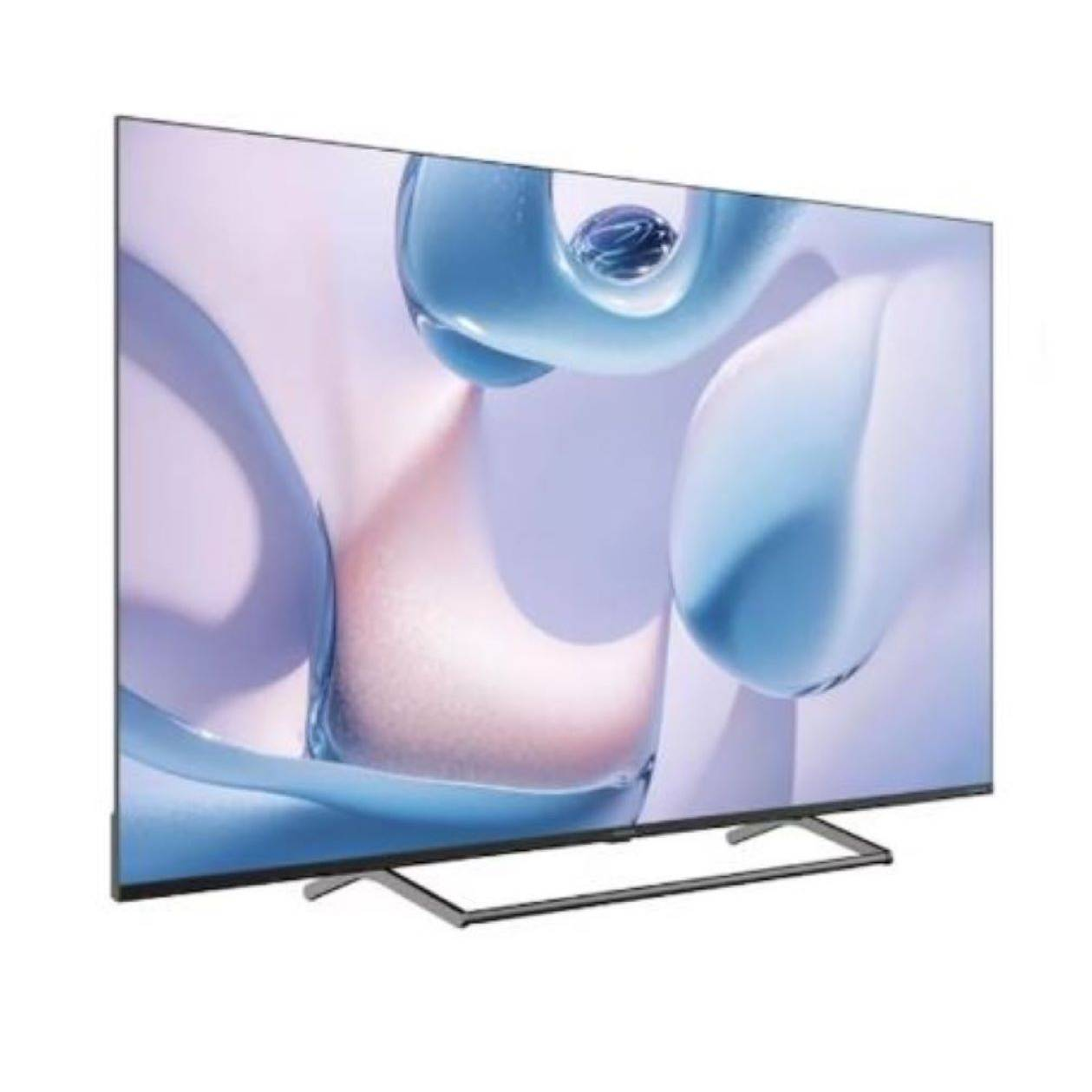 Modern bir düz ekran TV, ince bir stant üzerinde soyut mavi ve mor bir arka plan sergiliyor.