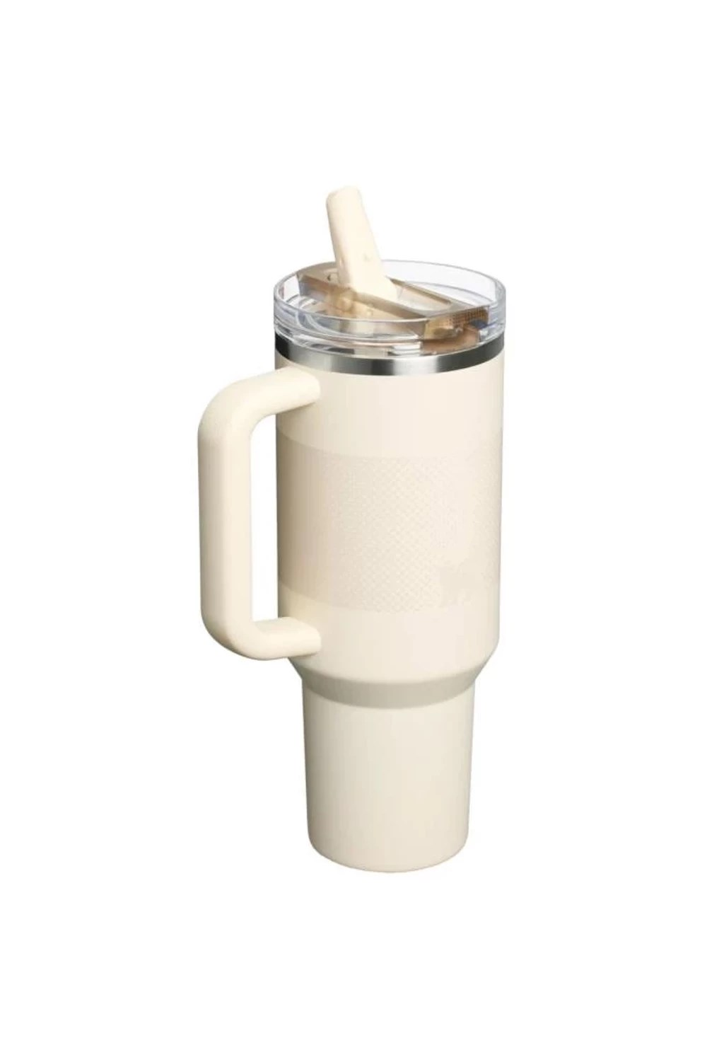 Krem rengi, kulplu ve pipetli kapaklı termos bardak, beyaz zeminde.