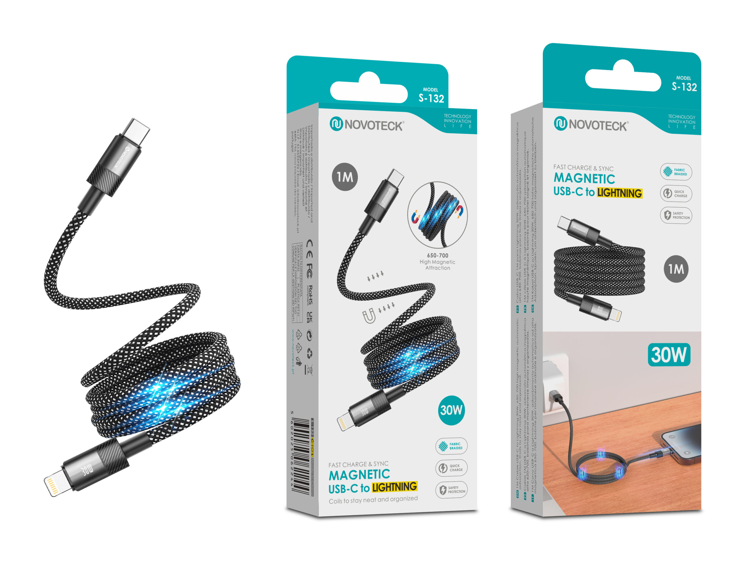 Cavo di ricarica Novoteck S-132: da USB-C a Lightning, 1m, nero, magnetico, 30W.
