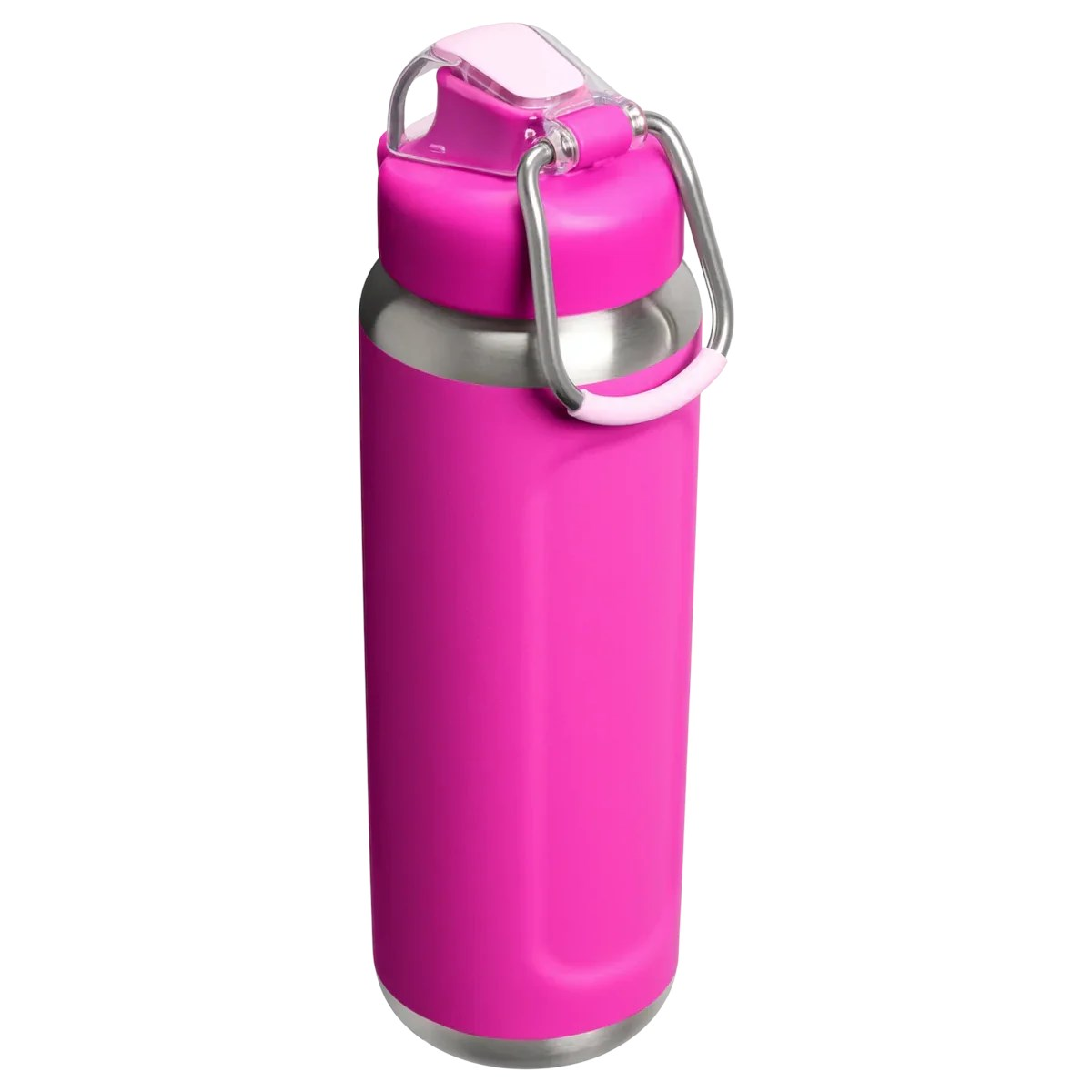 Gümüş saplı ve şeffaf kapaklı parlak pembe metal su şişesi.