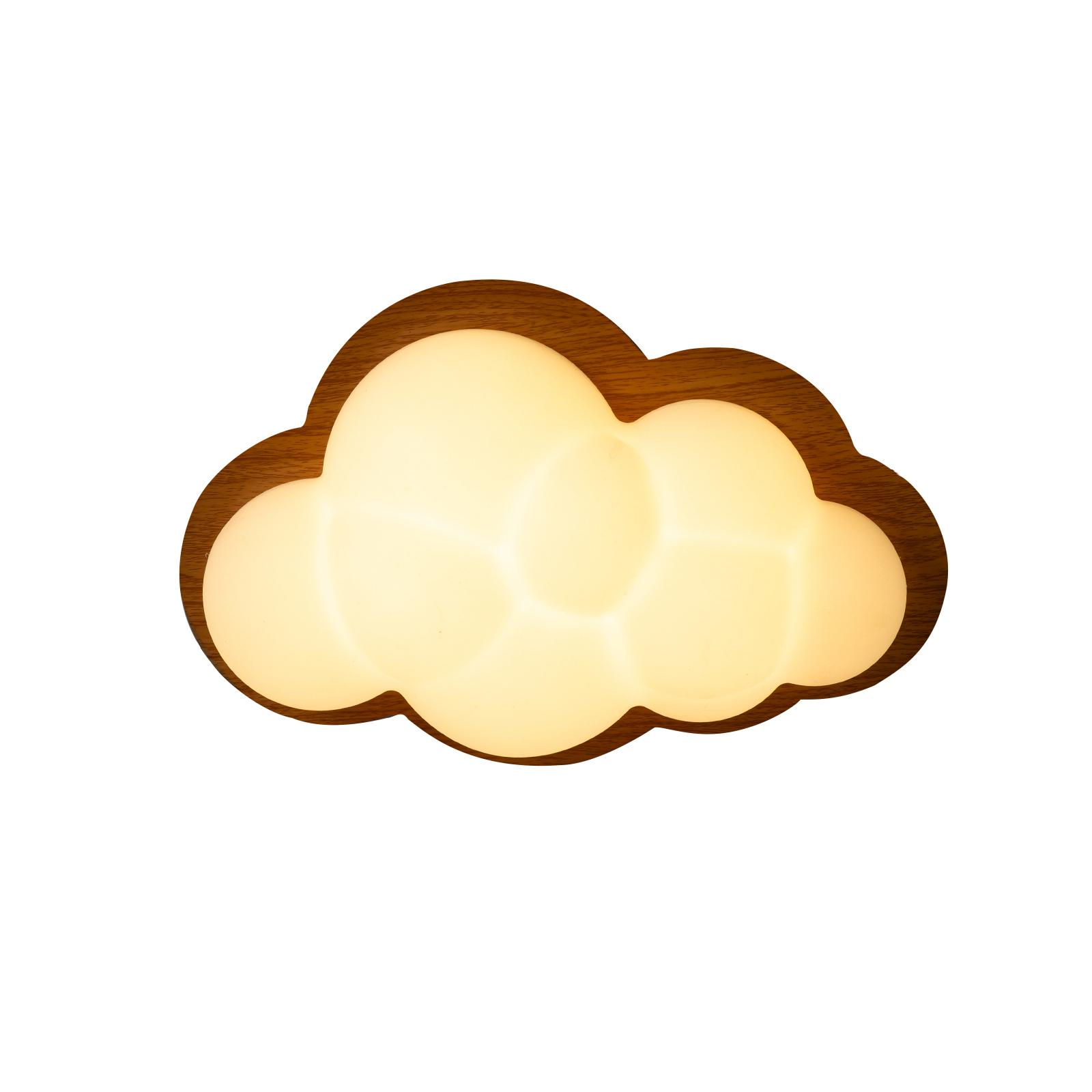 Lámpara en forma de nube con marco de madera y luz cálida.