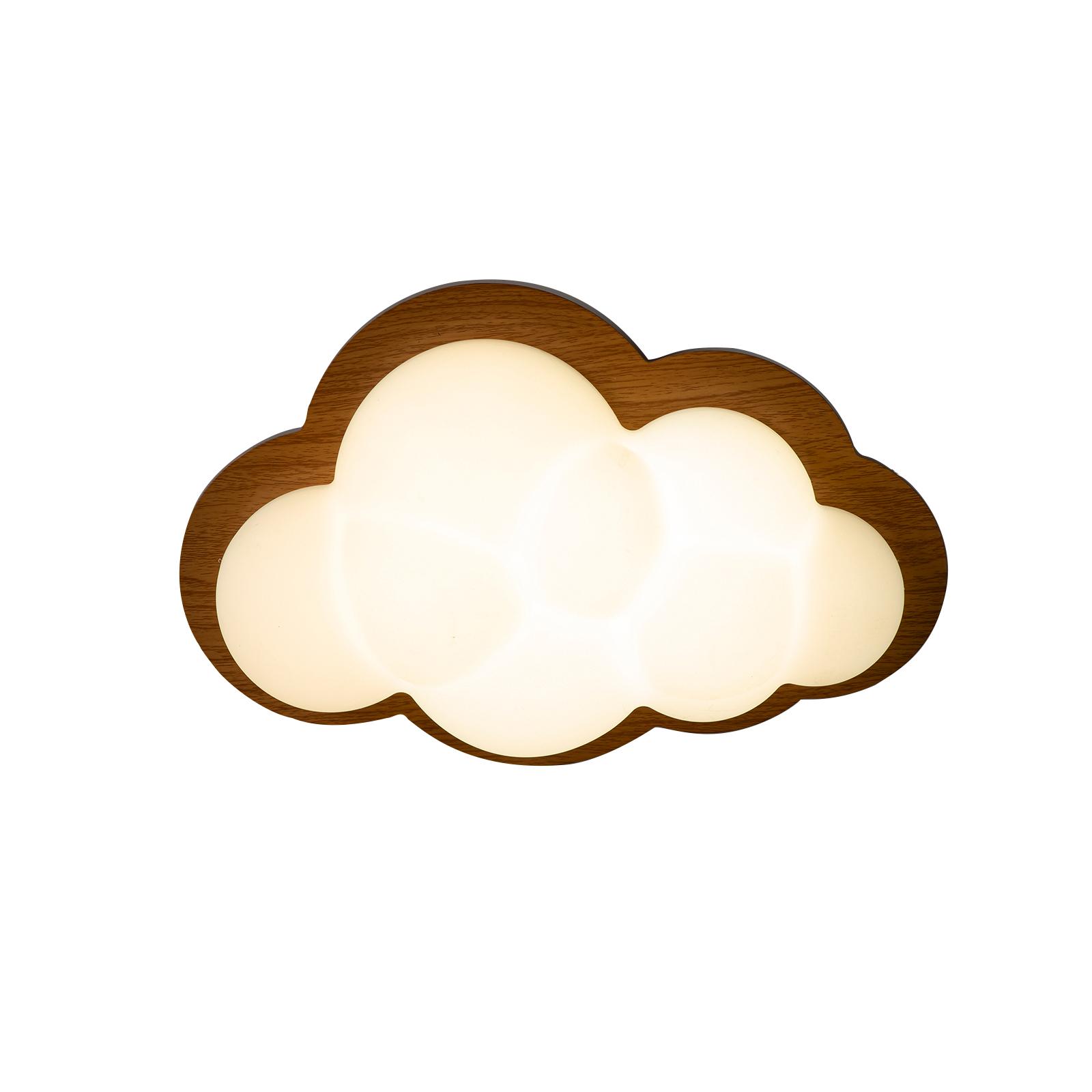 Una lámpara con forma de nube con marco de madera y luz blanca cálida.