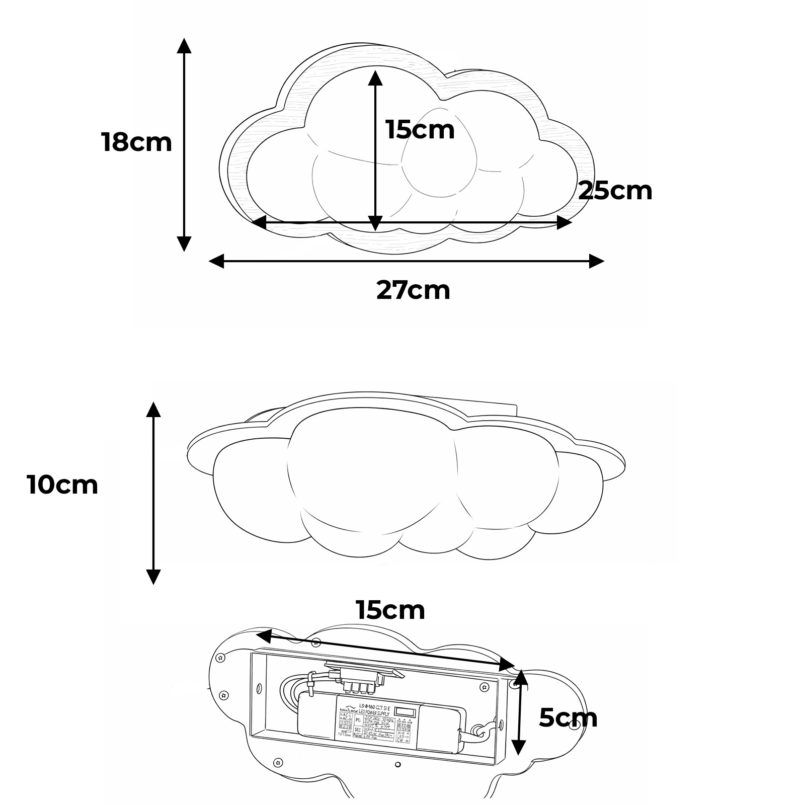 Diagrama muestra dimensiones de luz de nube: 27x18x15cm. Vista trasera muestra 10cm profundidad.