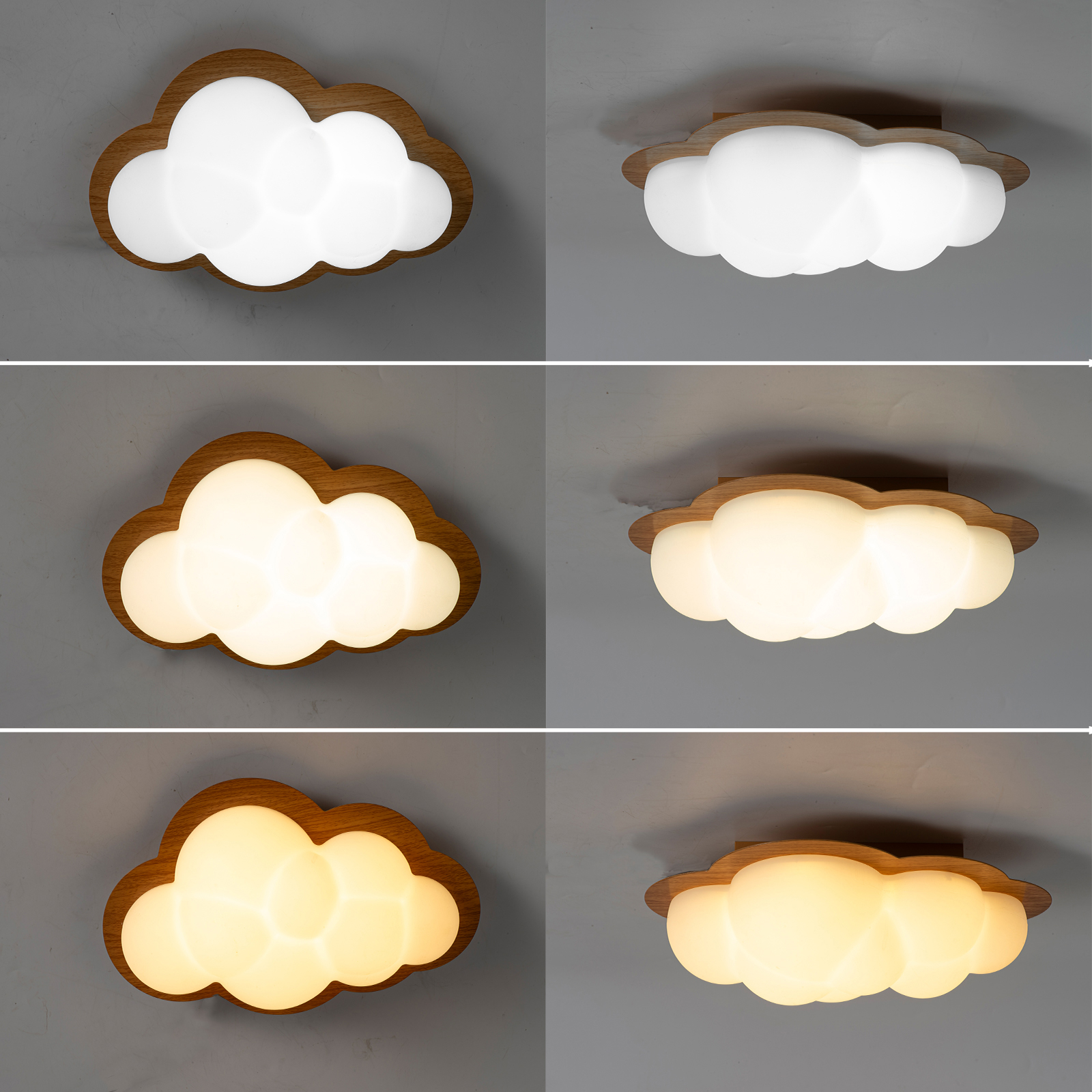 Una lámpara con forma de nube y marco de madera brilla en tonos blancos y amarillos.