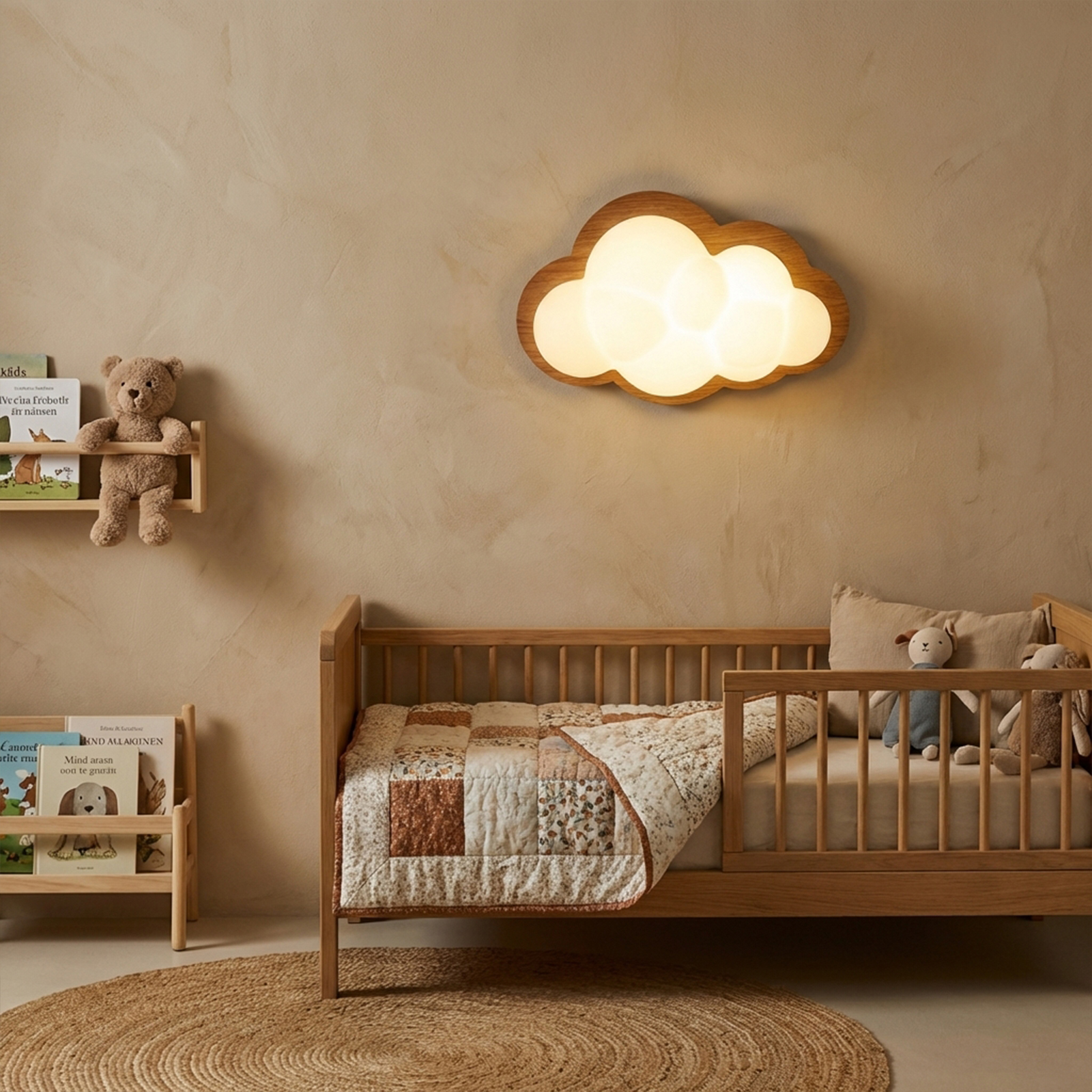 Una luz de nube de madera sobre una cama con un oso de peluche y libros.