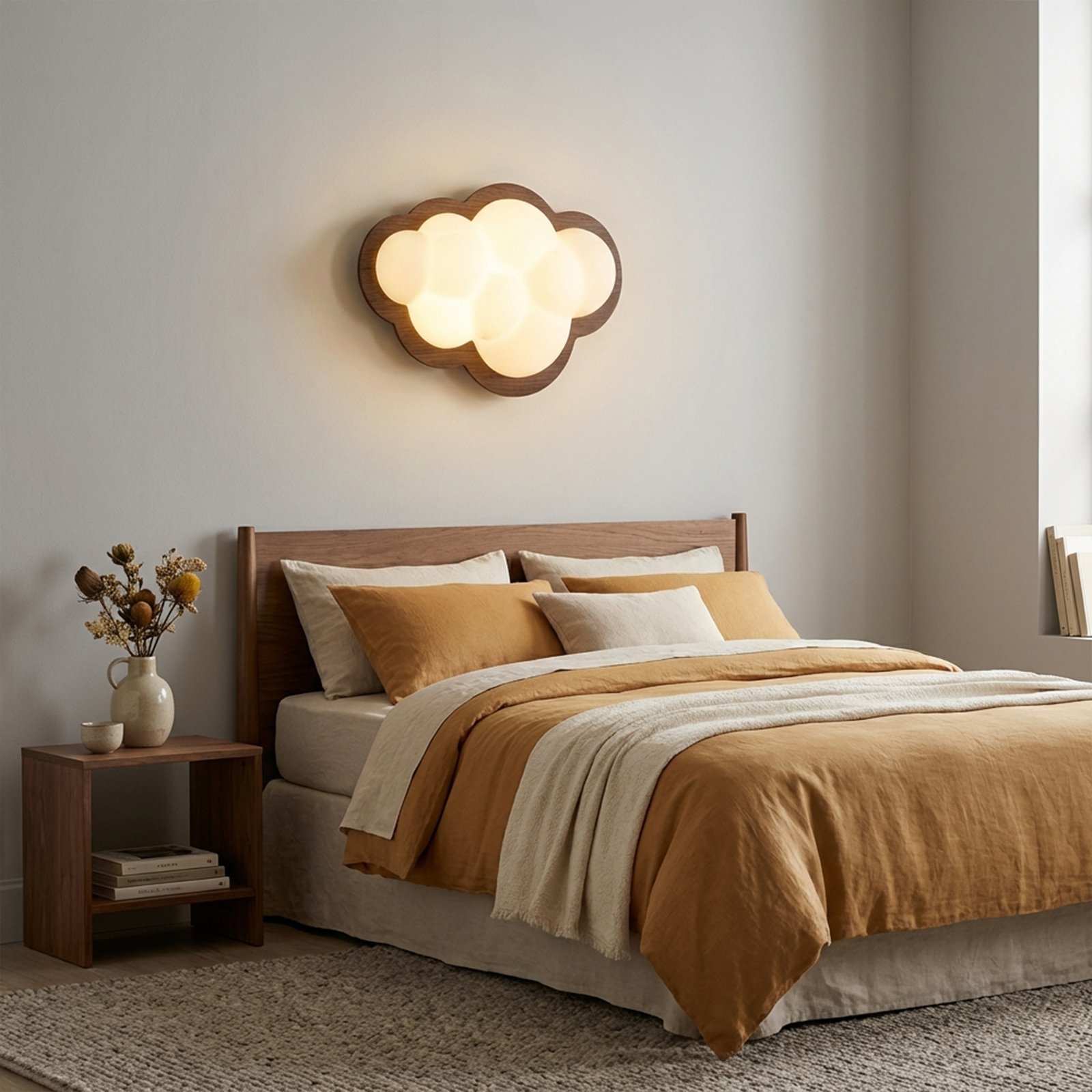 Un dormitorio con cama de marco de madera, ropa de cama ocre y lámpara en forma de nube.
