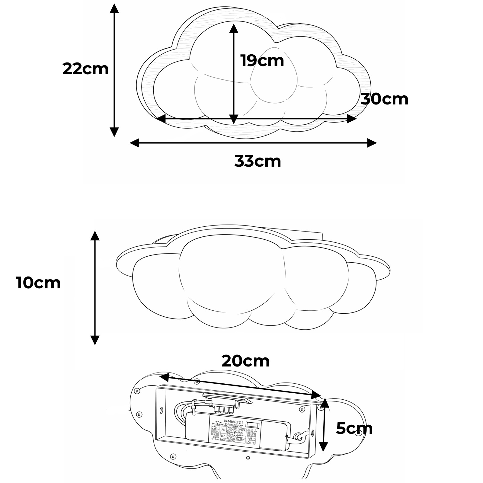 Dibujo técnico de una lámpara de nube, dimensiones 33x19x22 cm y 20x5x10 cm.