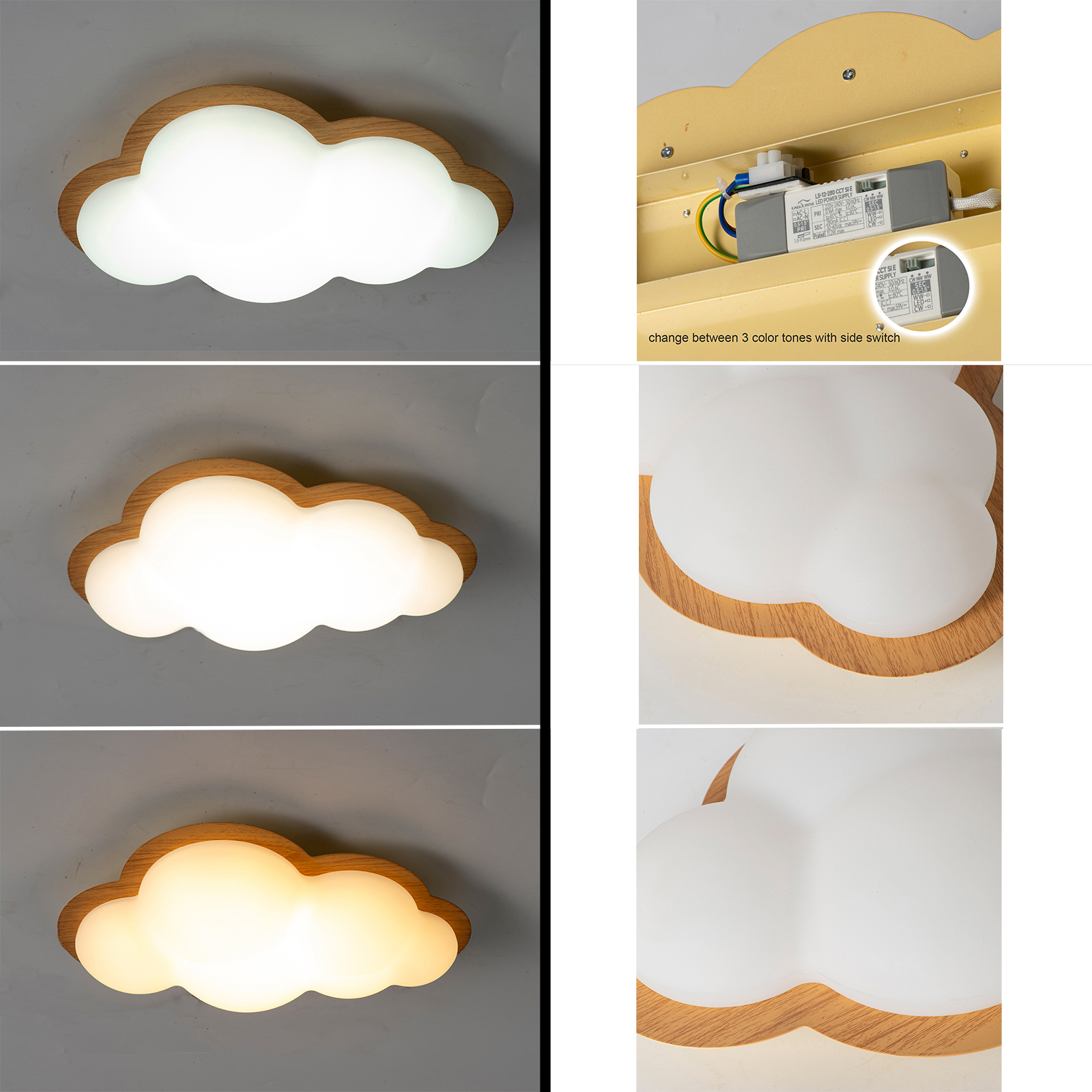 Lámpara con forma de nube y marco de madera, tres colores de luz, fuente de alimentación visible.