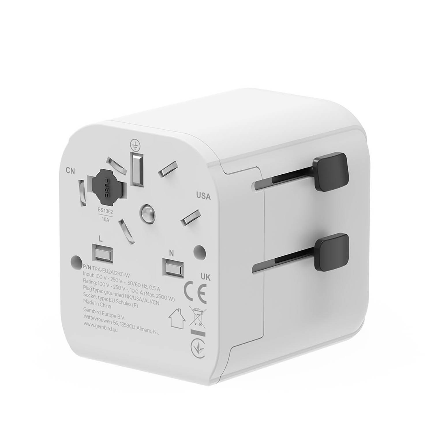 A white travel adapter with retractable UK, USA, AU, and CN pins.