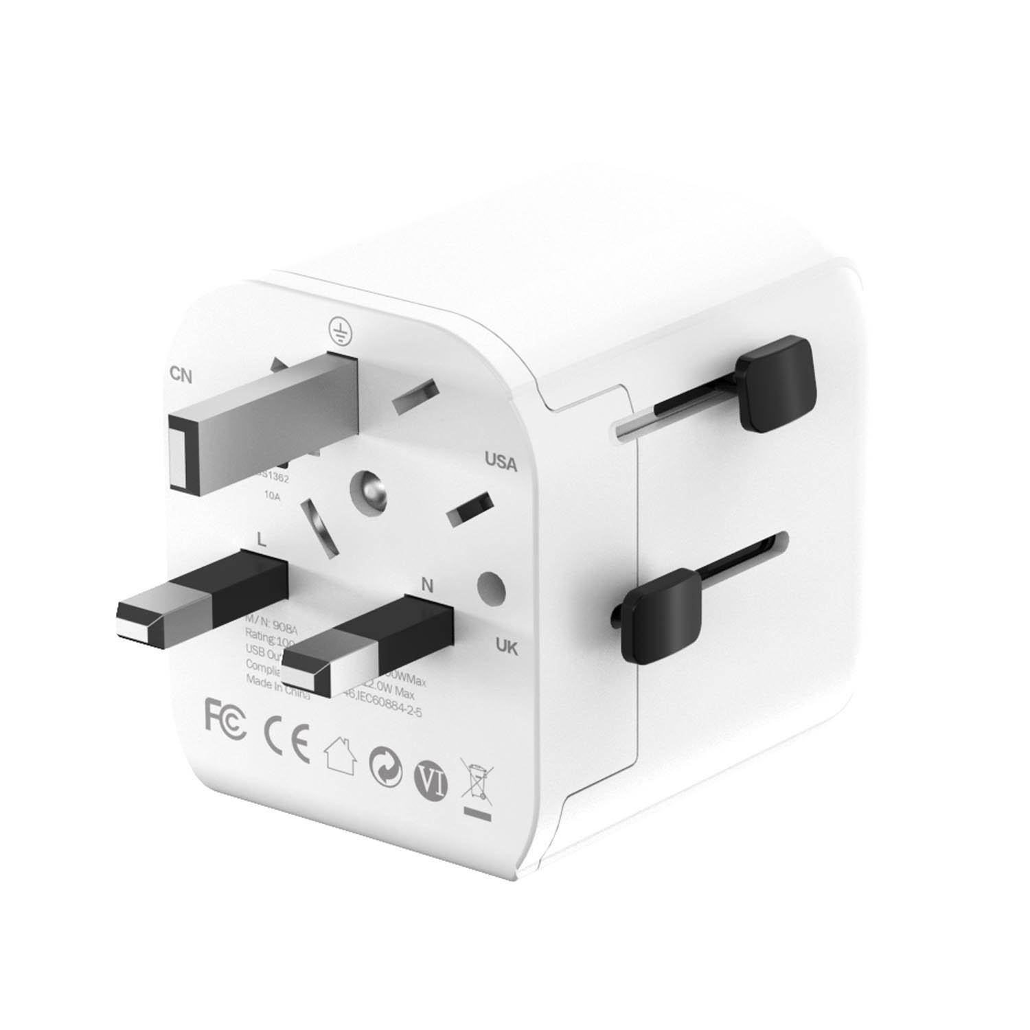 White universal travel adapter with multiple plug types for CN, USA, UK, and EU.