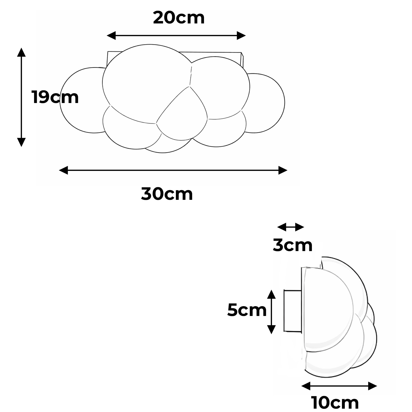 Dibujo técnico de lámpara nube con medidas: 30x19x20cm y 10x5x3cm.