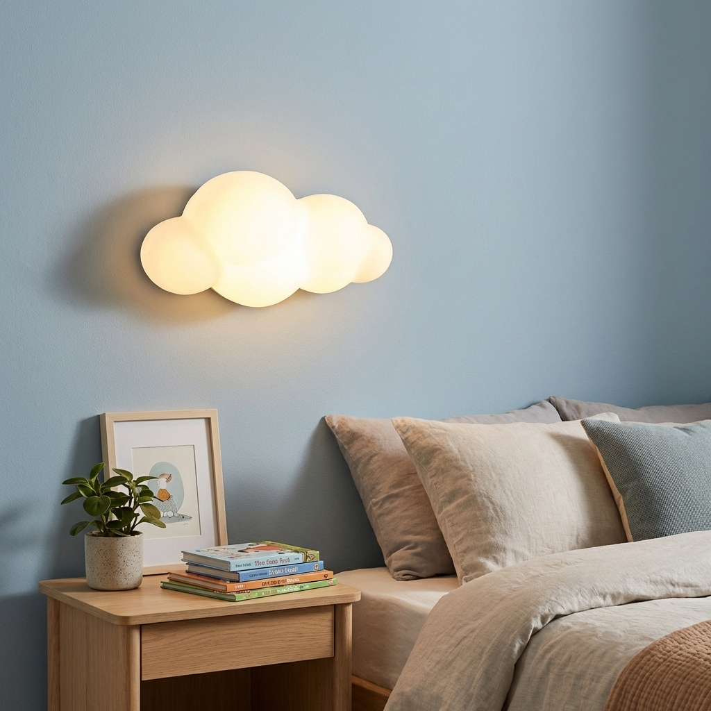Una lámpara de nube brilla sobre una mesita de noche con libros y una planta.