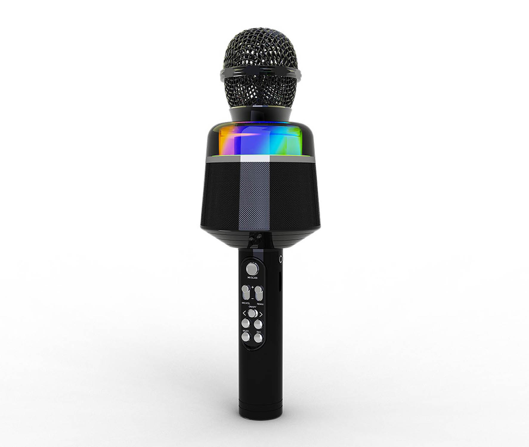 Zwarte karaoke microfoon met kleurrijke LED-verlichting en luidspreker.