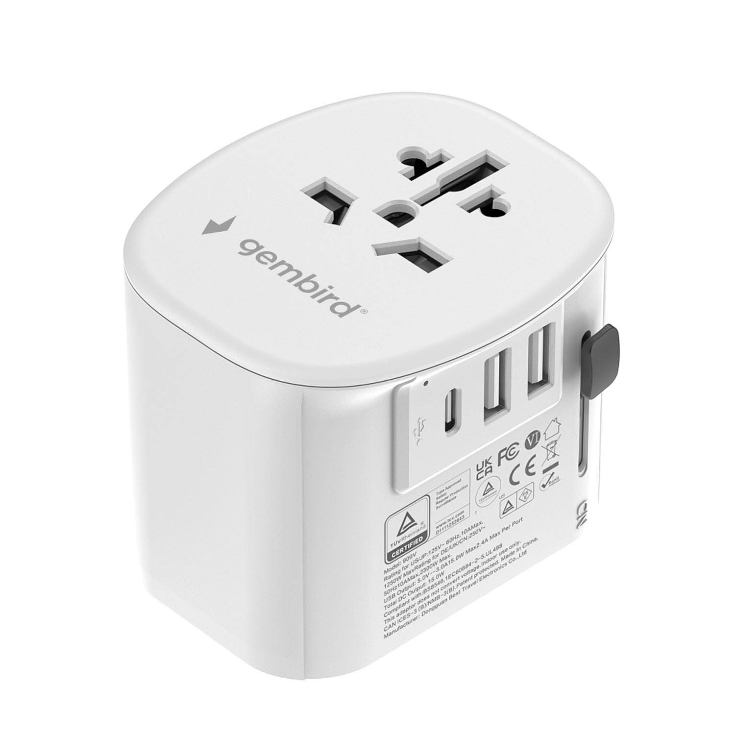 Adaptateur de voyage blanc Gembird avec plusieurs prises et ports USB.