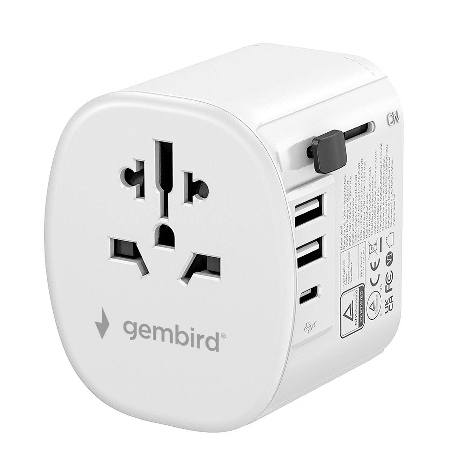 Un adaptateur de voyage universel blanc avec plusieurs prises et ports USB.
