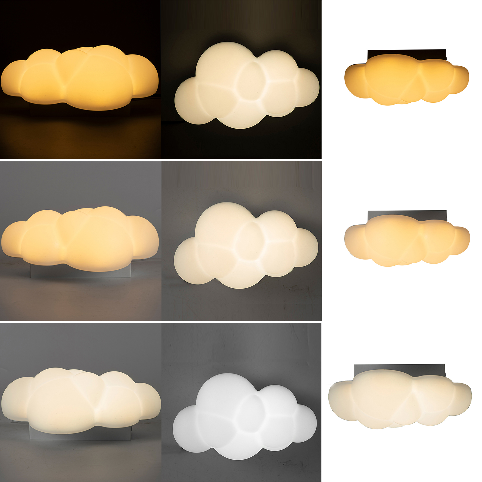 Una lámpara blanca con forma de nube se muestra en diversas condiciones de luz.