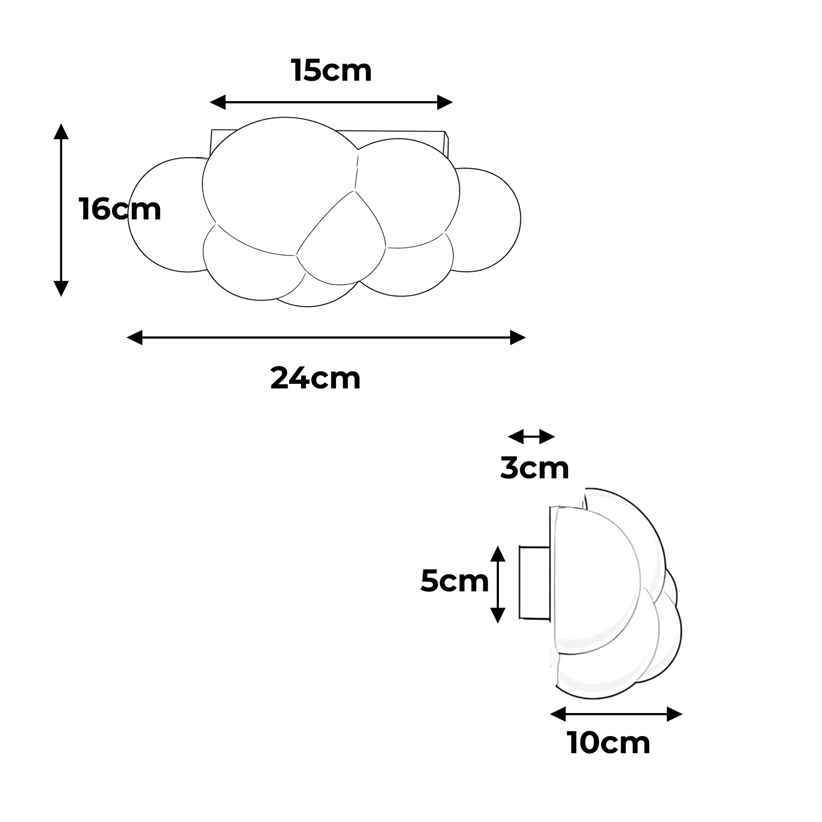 Diagrama de lámpara de nube con dimensiones: 24cm ancho, 16cm alto, 15cm prof.