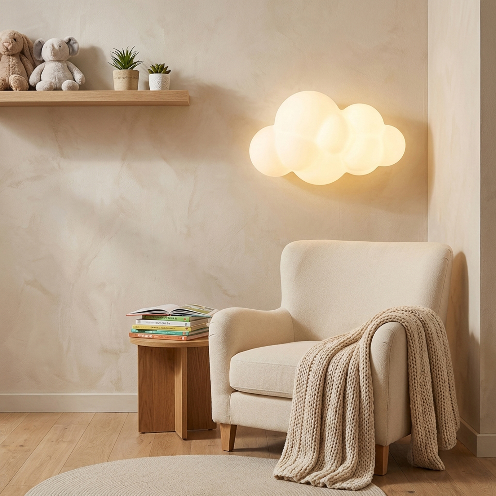 Un sillón beige con manta, libros en mesita auxiliar, juguetes y plantas en estante.
